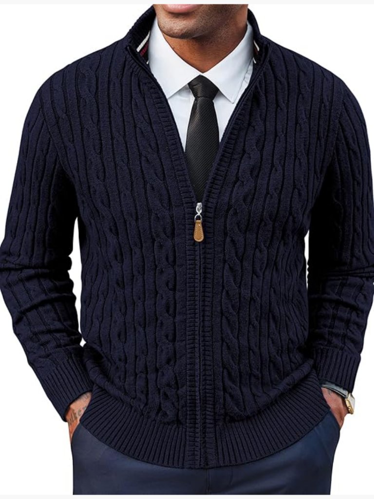 Men's Full Zip Cardigan Sweater Stand Collar Long Sleeve Knit